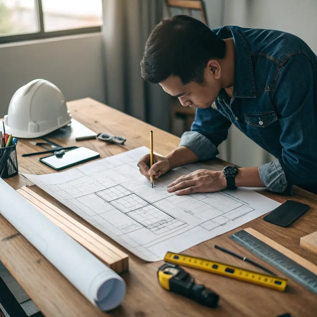 Designer working on a furniture blueprint